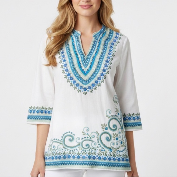 Chico's Tops - Chico's White Embroidered Cotton Boho Tunic Top Blue Embellished Beaded Size M